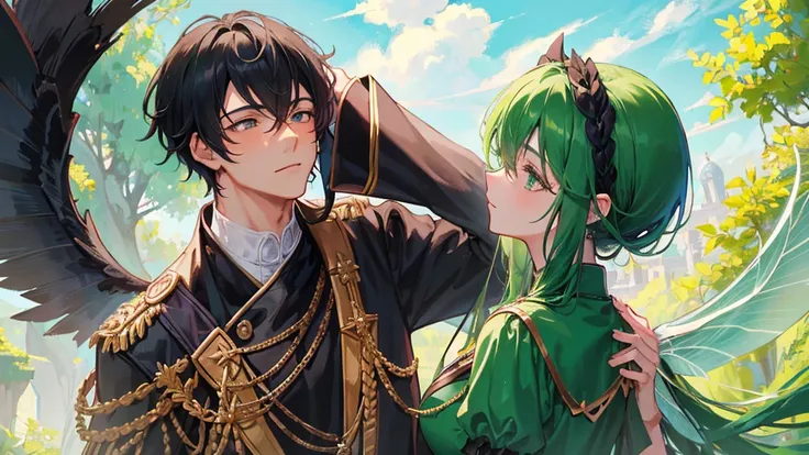 couple, boy with black hair, black royal clothes, majestic black wings, and girl with green hair, green royal clothes, fairy wings, kissing pose, sky, 8k resolution