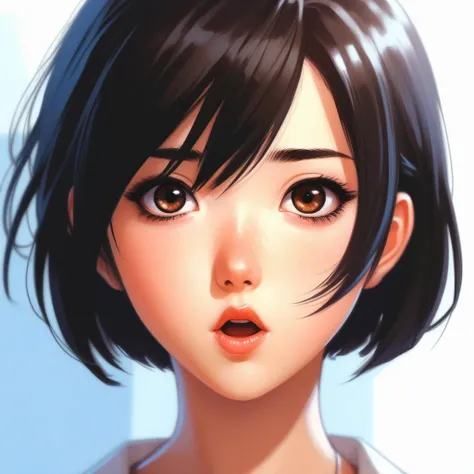 anime girl portrait, big dark brown eyes, black bobcut hair, open mouth, illustration by ilya kuvshinov and greg rutkowski and Makoto Shinkai, digital painting, sharp focus, high quality, detailed