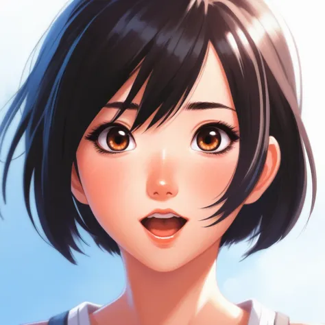 anime girl portrait, big dark brown eyes, black bobcut hair, excited face, open mouth, illustration by ilya kuvshinov and greg rutkowski and Makoto Shinkai, digital painting, sharp focus, high quality, detailed