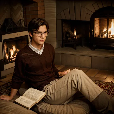 Boy in dress sweater next to a classic fireplace reading a good book wearing glasses