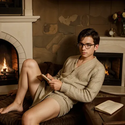 Boy in dress sweater next to a classic fireplace reading a good book wearing glasses