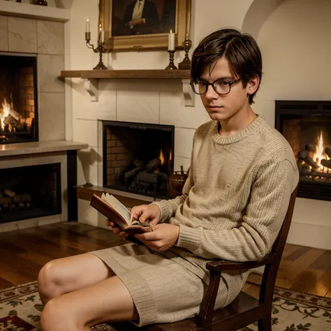 Boy in dress sweater next to a classic fireplace reading a good book wearing glasses