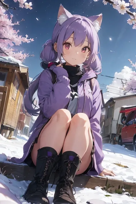 1girl, , long hair, low twintails, fuzzy twintails, light purple hair, cat ears, animal ear fluff, purple cat eyes, park, cherry blossoms, winter,snow, morning, portrait, cat tail, sit pose, short jacket, boots