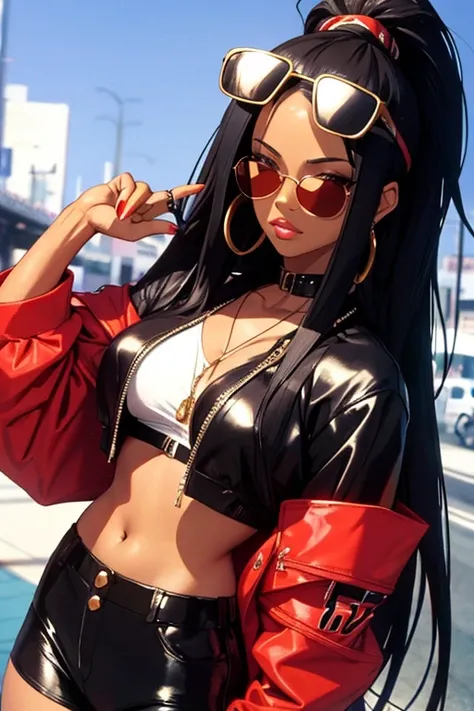 Aaliyah Dana Haughton estilo hip-hop, cabelos curtos, casaco preto, sunglasses in japan 90s 