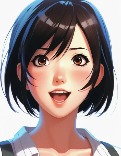 anime girl portrait, big dark brown eyes, black bobcut hair, excited face, open mouth, illustration by ilya kuvshinov and greg rutkowski and Makoto Shinkai, digital painting, sharp focus, high quality, detailed