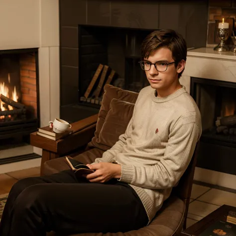 Boy in a sweater and dress pants next to a classic fireplace reading a good book wearing glasses and a cup of tea