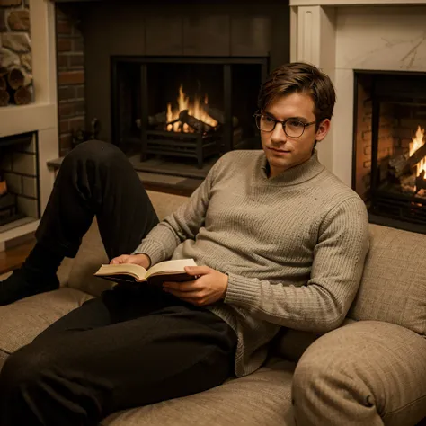 Boy in a sweater and dress pants next to a classic fireplace reading a good book wearing glasses and a cup of tea