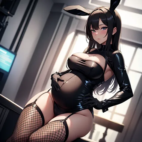 Sexy pregnant Bunny girl, tight black bodysuit, fishnet stockings 