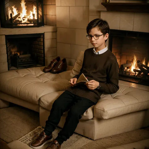 Eleven year old boy with sweater shoes and dress pants next to a classic fireplace reading a good book wearing glasses and a cup of tea and wrist watch