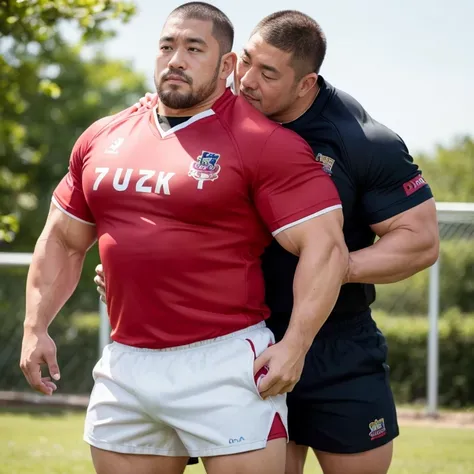 (looking away:1.2), (sexy look:1.2), (hugging each other:1.2), (rugby uniform:1.2), (at play ground:1.2), japanese man, manly fa...