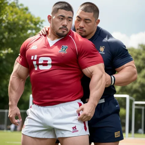 (looking away:1.2), (sexy look:1.2), (hugging each other:1.2), (rugby uniform:1.2), (at play ground:1.2), japanese man, manly fa...