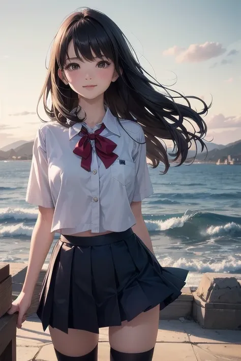 A very cute and beautiful high school girl looking at the sea on the hill,(very detailed美しい顔と目:1.2), smile,cowboy shot,(crew ,navy blue pleated mini skirt),black hair,zettai ryouiki,Skirt fluttered in the wind,white panties, (looking at the sea,From the to...