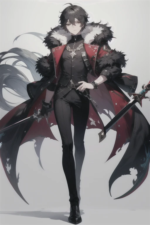 ((best quality)), ((masterpiece)), (detailed), perfect face 1boy in a red coat and black pants with a sword, genshin impact character, noble character design, , anime character design, character adoptable, keqing from genshin impact, shadowverse design, ma...