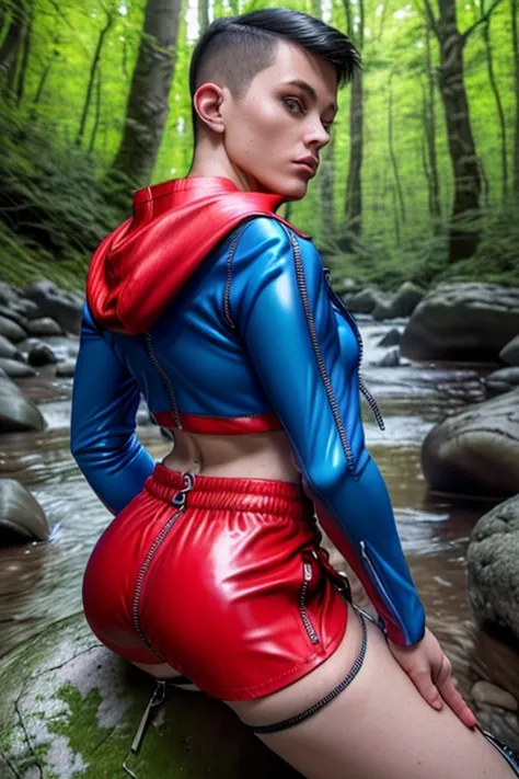 8k, best quality, (photorealistic:1.4), raw photo, 1boy, (blue hooded crop top with long sleeves), pose: sitting on a rock in a river forest, (red shorts with rear zipper:1.3), side view, latex, (legs apart), facing camera, male features, (zipper in butt c...