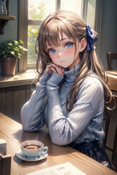 tableトップ, highest quality, 1 girl, alone, long light brown hair, Beautiful blue eyes ，window, sitting, indoors, table, sleeves go over wrists, Cafe, Coffee cup，hair ribbon, headrest, closed mouth, blue sweater, Upper body