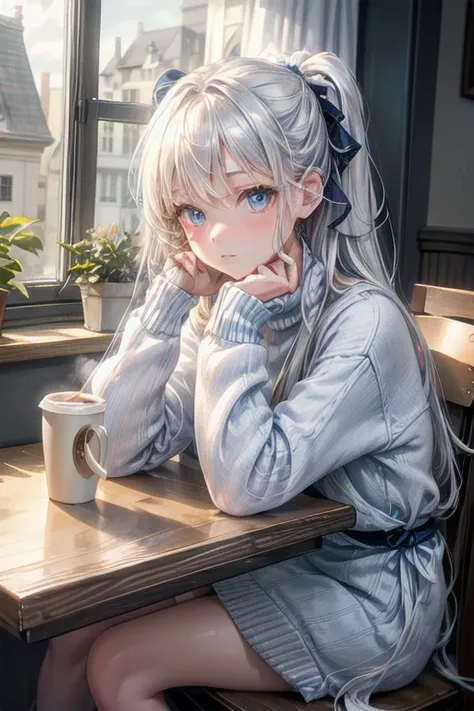 tableトップ, highest quality, 1 girl, alone, Long silver hair, Beautiful light blue eyes ，window, sitting, indoors, table, sleeves go over wrists, Cafe, Coffee cup，hair ribbon, headrest, closed mouth, blue sweater, Upper body