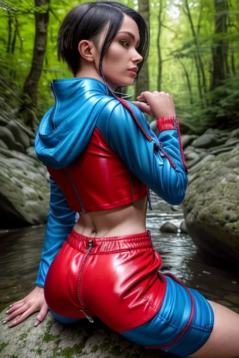 8k, best quality, (photorealistic:1.4), raw photo, 1man, (blue hooded crop top with long sleeves), pose: sitting on a rock in a river forest, (red shorts with rear zipper:1.3), side view, latex, (legs apart), facing camera, male features, (zipper in butt c...