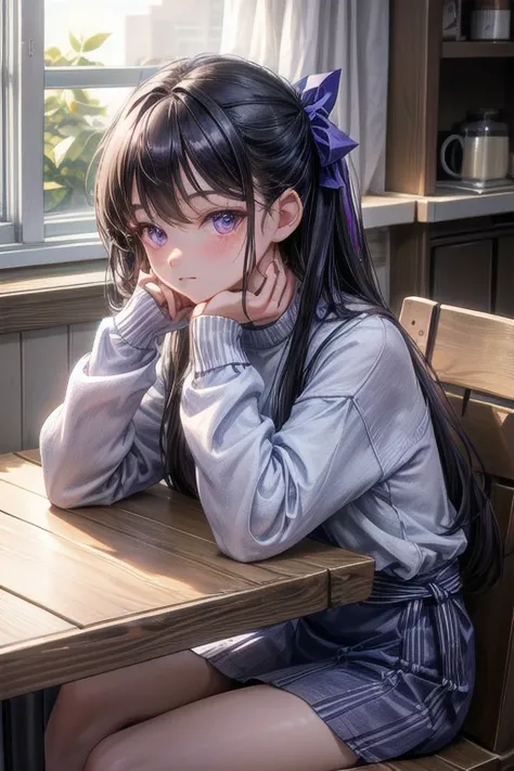 tableトップ, highest quality, 1 girl, alone, long black hair, Beautiful purple eyes ，window, sitting, indoors, table, sleeves go over wrists, Cafe, Coffee cup，hair ribbon, headrest, closed mouth, blue sweater, Upper body