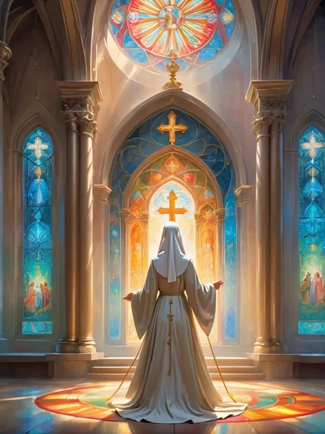 (nun in beautiful church:1.6), Religious atmosphere, stained glass windows, sacred tranquility, intricate details, peaceful atmosphere, calm expression, graceful posture, Sacred Silence, bright colors, Calm gaze, gentle brushstrokes, ethereal light, eterna...