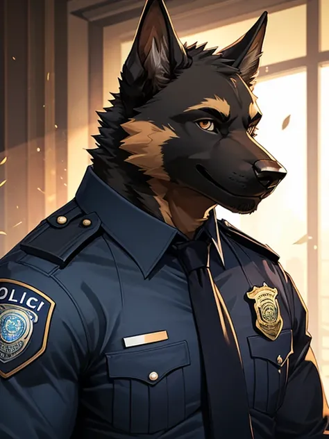 furry, german sheperd dog,muscular body,handsome,smiling,solo,cool pose,police uniform,long black necktie,hdr,ultra-detailed,photorealistic,portrait, vivid colors,sharp focus,studio lighting