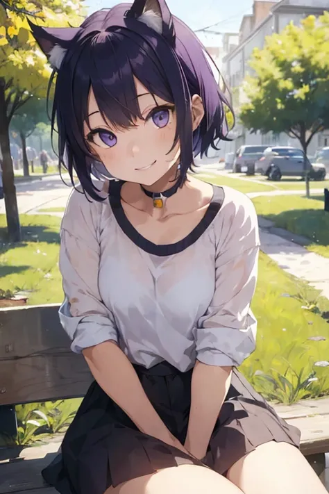 A girl with light purple short hair cut, cat ears, cat taip, sit in the park with cute smile