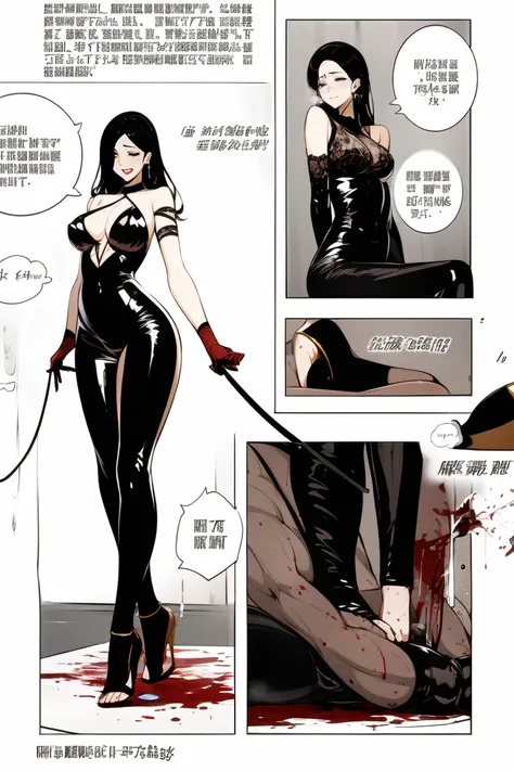 comic storyboard，anatomically correct,1beautiful girl, long hair,smile,barefoot,lace top,sexy, shiny leggings, thin gap，camel toe，high heels，cleavage,crossed legs,large breasts,leg tattoo,long hair,smile,toenails,) standing,trample，cuts,defloration,indoor,...