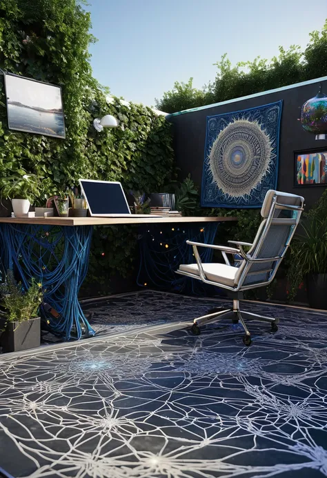 ((best quality)), ((masterpiece)), ((realistic,digital art)), (hyper detailed),DonMC01cW3bXL,astral plain and cosmic webs,Roof Deck, Desk, Soumak Weave tapestry,Gabbro stone,Linoleum Flooring, Bio-luminescent Mushrooms, Rope Lights, Solarpunk, 