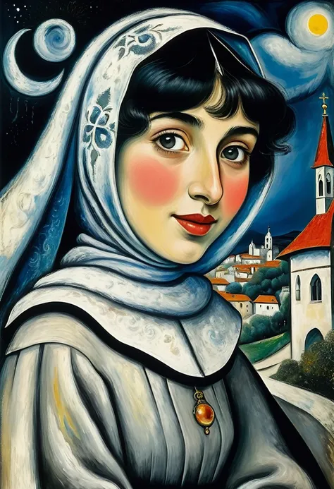 15th century, in dark clouds, Nun, 15 years old, young, complex details, beautiful detailed face, transparent, looking at the viewer, night, blush, open mouth, black hair, medium length hair, oblique bangs, happy, standing ((Marc Chagall style)), magical n...