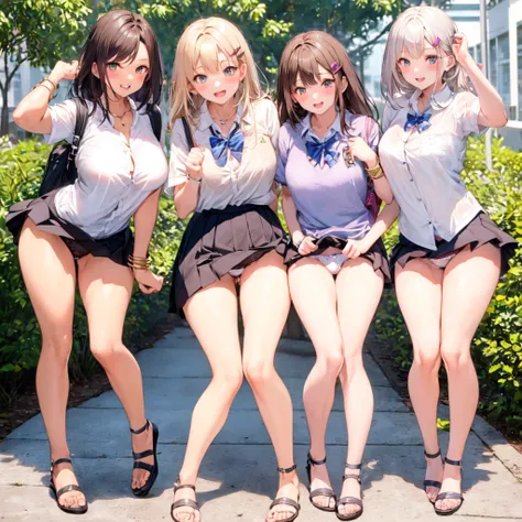 Texture CG, ((Ultra Detail Art)), ((​master piece)), (extremely details CG),Multiple girls,3girls, school gals ,school gyaru ,((((school unifrom))),skirt ,(((pleated mini skirt)))), white shirt, school bag, bag , beautiful legs, wind lift,(string panties),...