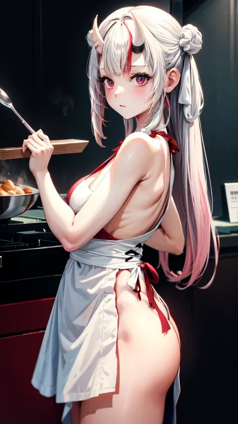 (masterpiece:1.3),(highly detailed:1.3),(highres:1.1),best quality,Ultra-detail,1girl,solo,kitchen,jelofolkwang,naked apron,((white apron)),ass,sideboob, unclear clothes , white pantie, ((perfect body)), salon,