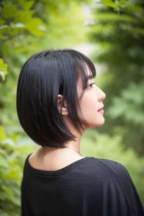 black short straight hair、tight、back view