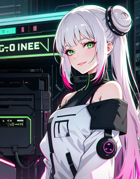 1girl, solo, white hair, hair in two buns, barcode, looking at viewer, lips, chromatic aberration, alluring smirk, long hair, upper body, off shoulder, android, shirt, cyberpunk, glowing green eyes,science fiction, cable,neon lights,(cyberpunk:1.2), lookin...