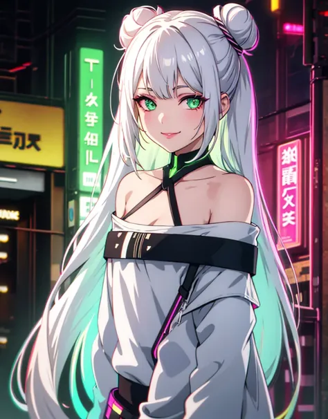 1girl, solo, white hair, hair in two buns, barcode, looking at viewer, lips, chromatic aberration, alluring smirk, long hair, up...