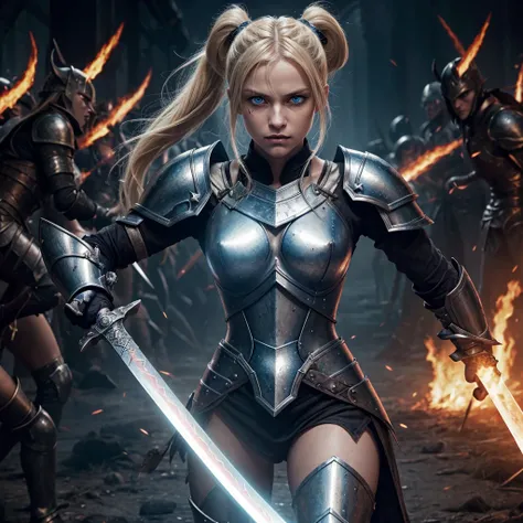 Create an image of a fierce blonde warrior with piercing blue eyes, clad in battle-worn armor, wielding a gleaming sword amidst a horde of menacing demons. Her determined expression shows defiance, surrounded by swirling shadows and glowing eyes of the inf...