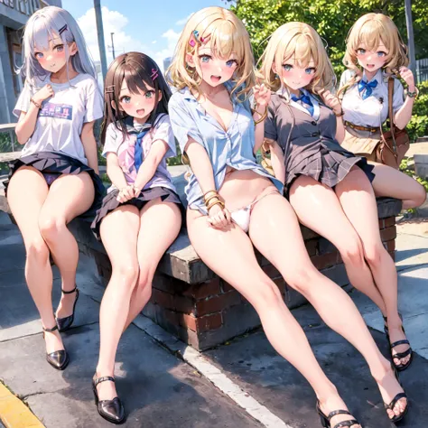 Texture CG, ((Ultra Detail Art)), ((​master piece)), (extremely details CG),Multiple girls,3girls,run,running, school gals ,school gyaru ,((((school unifrom))),skirt ,(((pleated mini skirt)))), white shirt, school bag, bag , beautiful legs, wind lift,(stri...