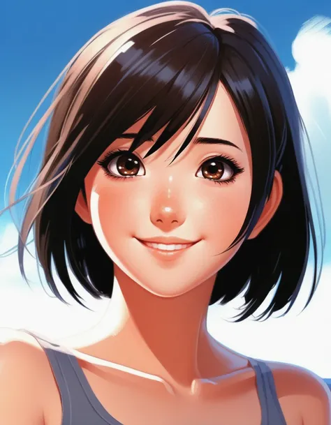 anime girl portrait, big dark brown eyes, black bobcut hair, happy face, illustration by ilya kuvshinov and greg rutkowski and Makoto Shinkai, digital painting, sharp focus, high quality, detailed, bare shoulders, high camera