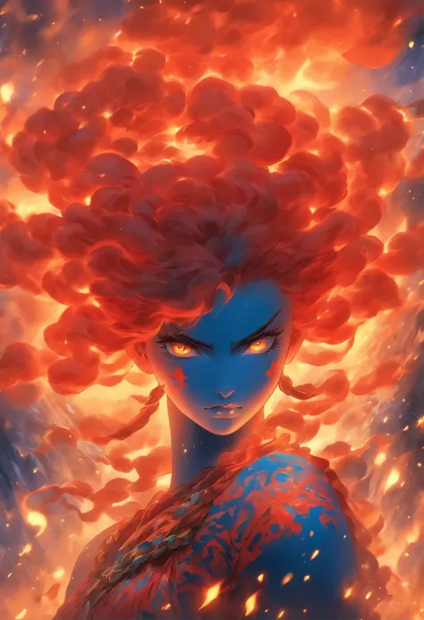 a close up of a person with a red and blue face, appears as the fire goddess, tomasz alen kopera and cgsociety, 🌺 cgsociety, by Galen Dara, the butterfly goddess of fire, devianart and cgsociety, stunning cgsociety, fantasy art behance, trending on cgsocie...