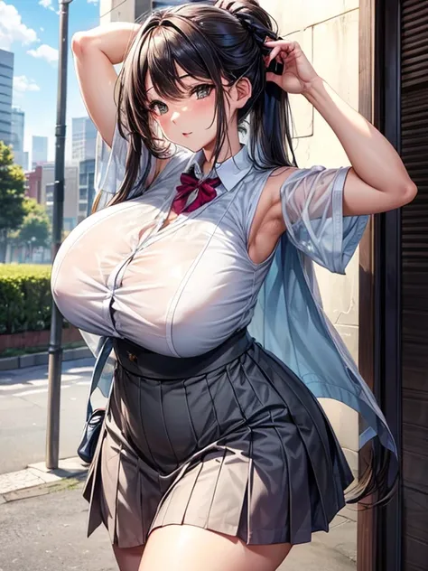 Pull up your hair and drink water　a park　Gray vest see through　The pattern of the skirt is such a beautiful breast、huge breasts:1.4，plump breasts