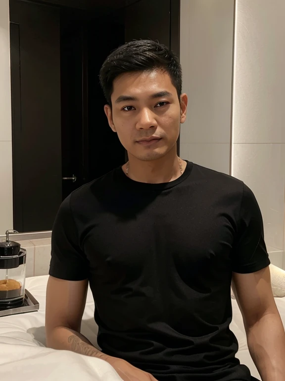 A young Thai man aged 40 with short hair is in a luxury hotel. Virtual image Wear a black shirt