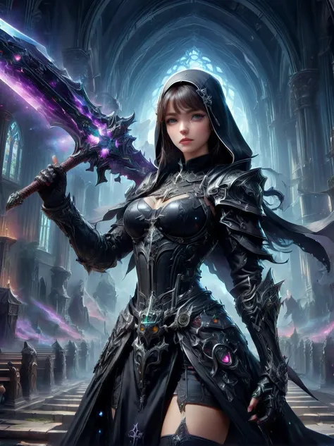 Fantasy game anime character，(nun:1.4)，((穿着黑色nun服))，Wield the Galaxy Axe，church background，the art of mathematics，Super detailed，Super detailed，HD，masterpiece，best quality