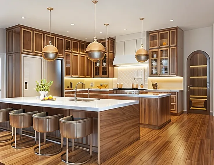 minimal kitchen interior, walnut panel and white panel rough-hewn material, exposured wood, stucco wall, tiled floor, refrigerat...