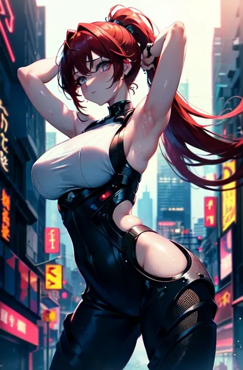  Beautiful and transcendent, (masterpiece eyes:1.3), (Sleeveless exoskeleton jumpsuit:1.3), sweaty skin, (long red hair, ponytail), (Side breast exposed, 暴露armpit, Exposing the groin), cowboy_injection, side focus, shining, huge_breast, long_lower back, (A...