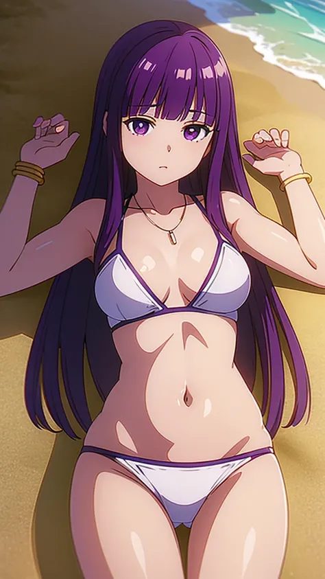 masterpiece, best quality, 1 solo girl, purple hair, purple eyes, long hair, medium breasts, sexy body and face, wavy hair, white bikini, jewelry, bracelet, necklace, summer, beach, lying at the sand, sexy pose, cowboy shots, detailed body, face, and eyes,...