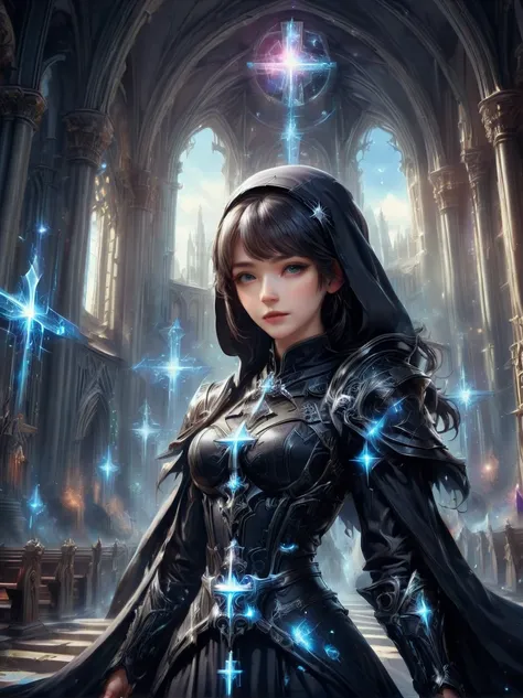 Fantasy game anime character，(nun:1.4)，((穿着黑色nun服))，Waving the Galactic Cross，church background，the art of mathematics，Super detailed，Super detailed，HD，masterpiece，best quality