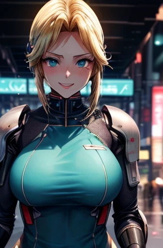 8K(((((Cute anime style face,(Good depiction of the face,beautiful woman),(clumsy smile),face is red,beautiful woman,shyly,greenish blue eyes,cyber punk,Focus on people))))) ((woman,huge breasts:1.8, very red lips,huge breastsを強調,big ass,thin waist,long le...