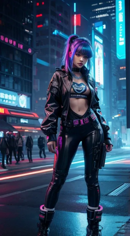 1 girl,imagine a young girl in a cyberpunk atmosphere.,she has striking colored hair., for example, neon blue or dark red.,in yo...