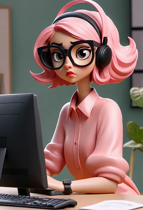 A girl woking in front of computer，wearing blackspecs, pink clutcher on her head, Detailed description，Bubble matte style，Clay material，tone，Strong depth，3D，C4D，simple background，beater，high quality，high resolution，32k，9:16-s-180-niji 6