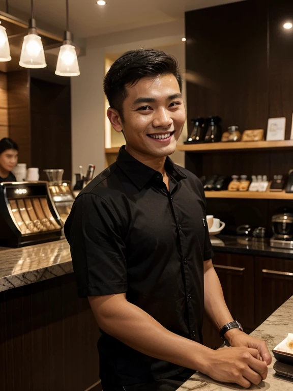 A young Thai man aged 40 with short hair and a smile is in a coffee shop, luxury hotel, virtual image. Wear a black shirt