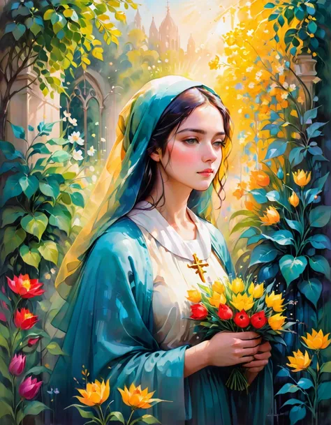 Immerse yourself in the serene beauty of a scene bathed in divine light. Picture a peaceful convent garden, where vibrant flowers bloom and gentle sunlight filters through the foliage. At the heart of this tranquil setting stands a radiant figure – a devot...