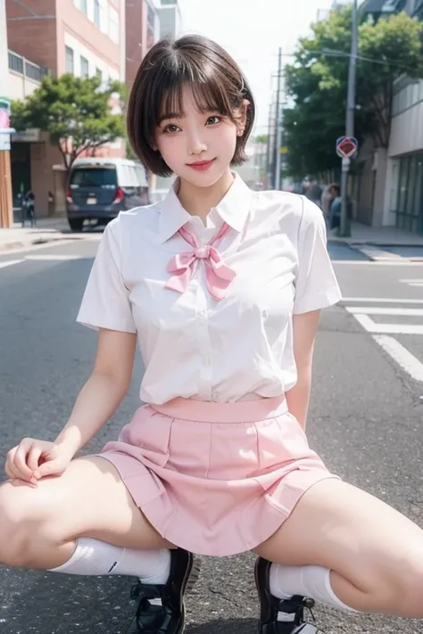 Photos around the city, realistic, Energetic, easy going, healthy, Cute elementary school student with short hair, Short hair that shows ears and neck, super short hair, 1 girl, ((school uniform)), cute japanese girl, pink lipstick, whole body, squat, spre...